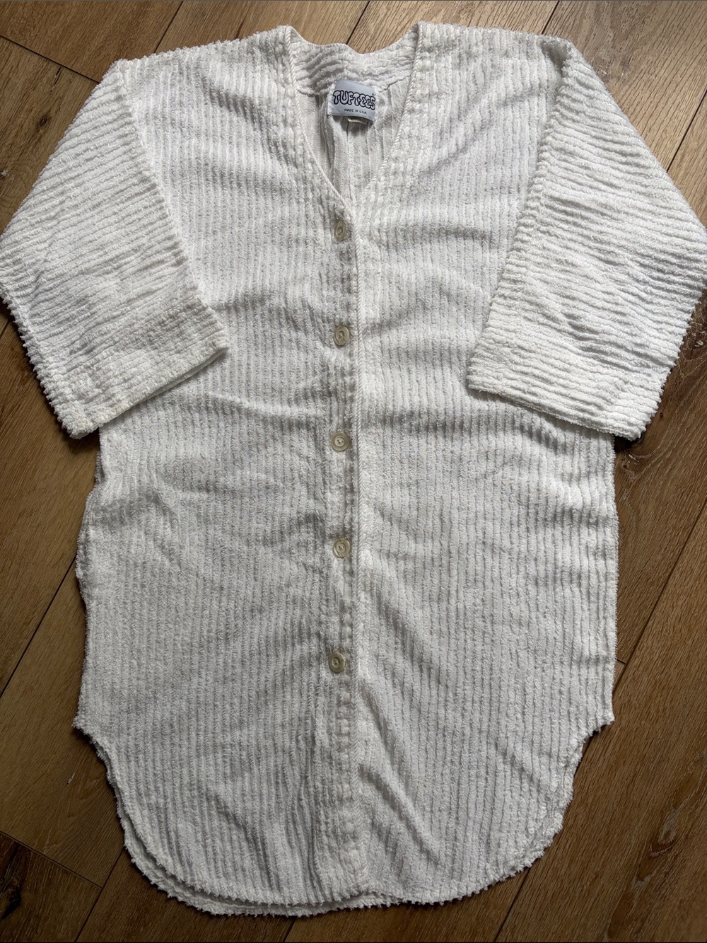 Vintage white Tuftees Chenille Terry Button Cover Up Beachy Coastal Size S